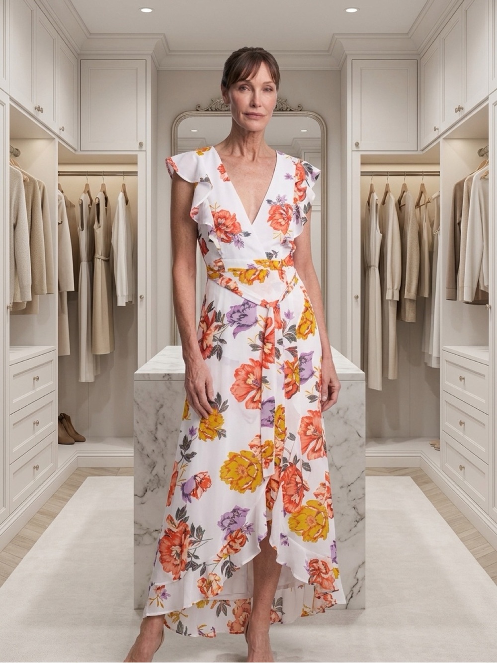 june & hudson White Wrap Dress with Orange, Yellow & Purple Floral Print